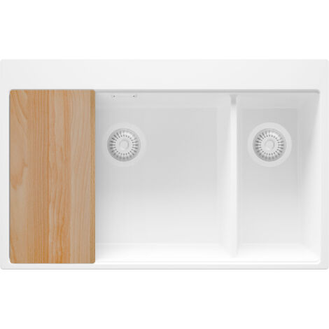 PRIMAGRAN Evier Cuisine en Granit 78x50cm, Lavabo 2 bacs + Kit de Vidage + Planche à Découper, Évier à Encastrer au meuble 80cm - Oslo Duo, Tout Blanc
