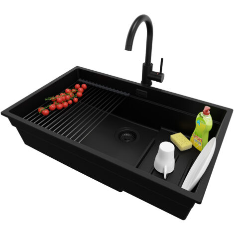 PRIMAGRAN Evier Cuisine en Granit 76x47cm, Lavabo 1 bac + Kit de Vidage + Accessoire, Évier à Encastrer au meuble 80cm - Prague Slim, Tout Noir (1/5)