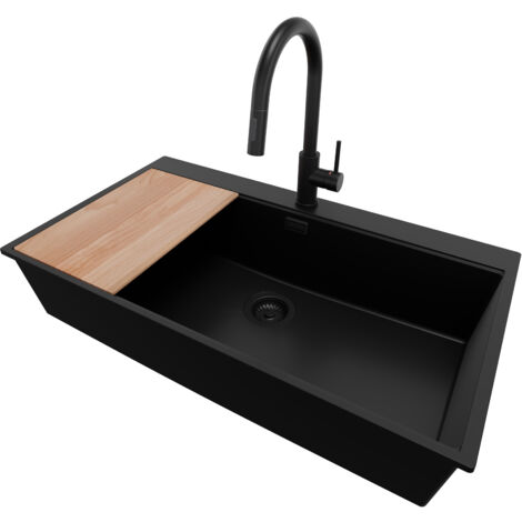 PRIMAGRAN Evier Cuisine en Granit 88x50cm, Lavabo 1 bac + Robinet 40x20cm + Kit de Vidage + Accessoire, Évier à Encastrer au meuble 90cm - Oslo, Tout Noir