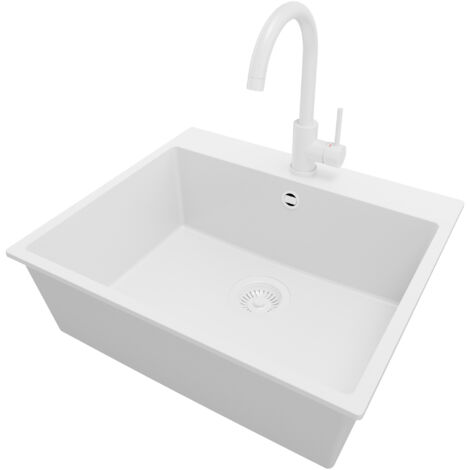 PRIMAGRAN Evier Cuisine en Granit 58x50cm, Lavabo 1 bac + Robinet 32x20cm + Kit de Vidage, Évier à Encastrer au meuble 60cm - Riga, Tout Blanc (1/5)