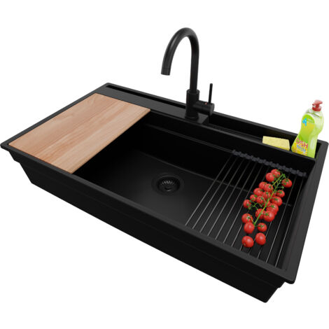 PRIMAGRAN Evier Cuisine en Granit 88x53cm, Lavabo 1 bac + Kit de Vidage + Accessoire, Évier à Encastrer au meuble 90cm - Oslo Pocket, Tout Noir (1/5)