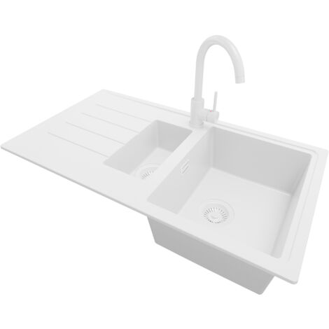 PRIMAGRAN Evier Cuisine en Granit 90x50cm, Lavabo 1,5 bacs + Robinet 32x20cm + Kit de Vidage, Évier à Encastrer au meuble 60cm - Copenhague Duo, Tout Blanc (1/5)