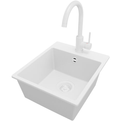 PRIMAGRAN Evier Cuisine en Granit 38x44cm, Lavabo 1 bac + Robinet 32x20cm + Kit de Vidage, Évier à Encastrer au meuble 40cm - Riga Easy, Tout Blanc