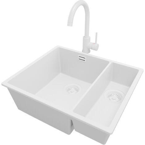 PRIMAGRAN Evier Sous Plan 56x47cm, Evier en Granit 1,5 bacs + Robinet 32x20cm + Kit de Vidage, Évier au meuble 60cm - London Duo, Tout Blanc