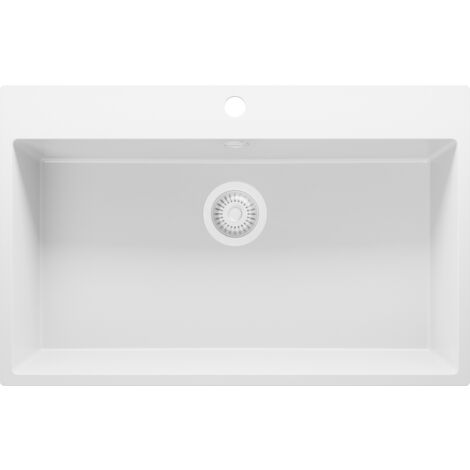 PRIMAGRAN Evier Cuisine en Granit 78x50cm, Lavabo 1 bac + Kit de Vidage, Évier à Encastrer au meuble 80cm - Riga, Tout Blanc