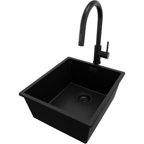 PRIMAGRAN Evier Cuisine en Granit 41x47cm, Lavabo 1 bac + Robinet 40x20cm + Kit de Vidage, Évier à Encastrer au meuble 45cm - London Slim, Tout Noir (1/5)
