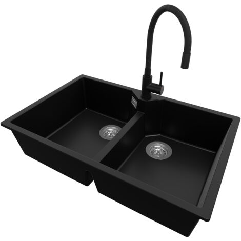 PRIMAGRAN Evier Cuisine en Granit 78x50cm, Lavabo 2 bacs + Robinet 40x38cm + Kit de Vidage, Évier à Encastrer au meuble 80cm - Madrid Twin, Noir (1/5)
