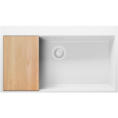 PRIMAGRAN Evier Cuisine en Granit 88x50cm, Lavabo 1 bac + Kit de Vidage + Planche à Découper, Évier à Encastrer au meuble 90cm - Oslo, Tout Blanc