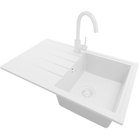PRIMAGRAN Evier Cuisine en Granit 78x50cm, Lavabo 1 bac + Robinet 32x20cm + Kit de Vidage, Évier à Encastrer au meuble 45cm - Milan, Tout Blanc (1/5)