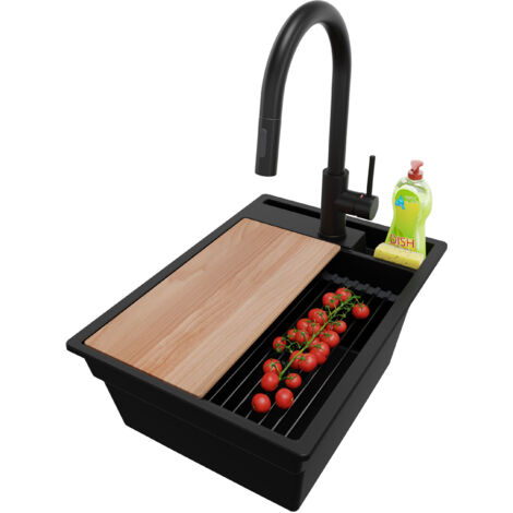 PRIMAGRAN Evier Cuisine en Granit 38x53cm, Lavabo 1 bac + Kit de Vidage + Accessoire, Évier à Encastrer au meuble 40cm - Oslo Pocket, Tout Noir (1/5)