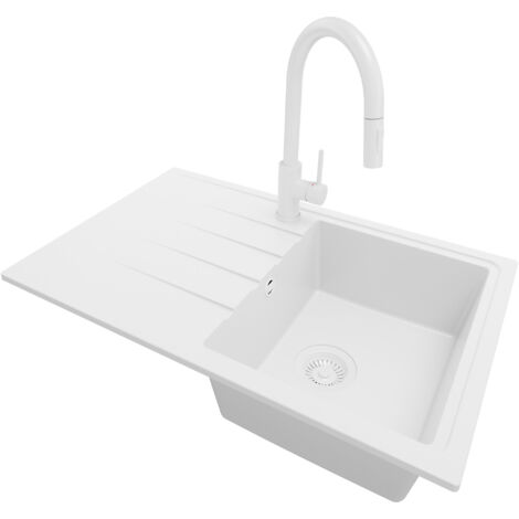 PRIMAGRAN Evier Cuisine en Granit 78x50cm, Lavabo 1 bac + Robinet 40x20cm + Kit de Vidage, Évier à Encastrer au meuble 45cm - Milan, Tout Blanc