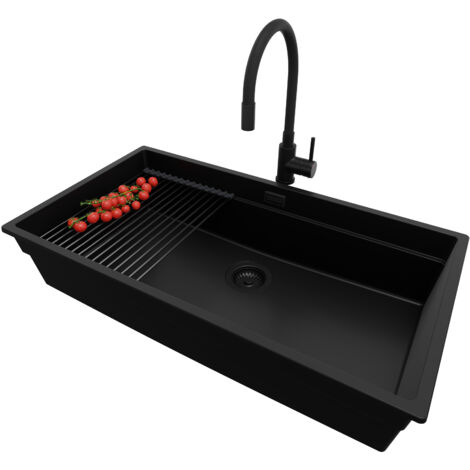 PRIMAGRAN Evier Cuisine en Granit 86x47cm, Lavabo 1 bac + Kit de Vidage + Accessoire, Évier à Encastrer au meuble 90cm - Prague Slim, Tout Noir (1/5)