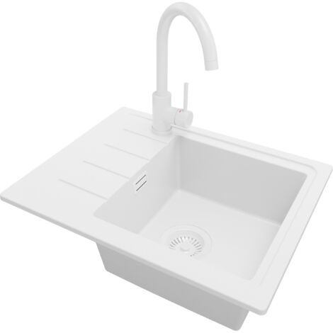 PRIMAGRAN Evier Cuisine en Granit 55x44cm, Lavabo 1 bac + Robinet 32x20cm + Kit de Vidage, Évier à Encastrer au meuble 45cm - Copenhague Easy, Tout Blanc