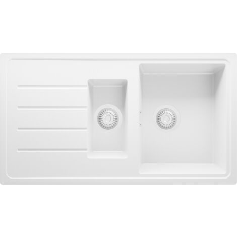 PRIMAGRAN Evier Cuisine en Granit 90x50cm, Lavabo 1,5 bacs + Kit de Vidage, Évier à Encastrer au meuble 60cm - Copenhague Duo, Tout Blanc