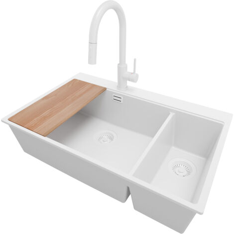 PRIMAGRAN Evier Cuisine en Granit 78x50cm, Lavabo 2 bacs + Kit de Vidage + Accessoire, Évier à Encastrer au meuble 80cm - Oslo Duo, Tout Blanc