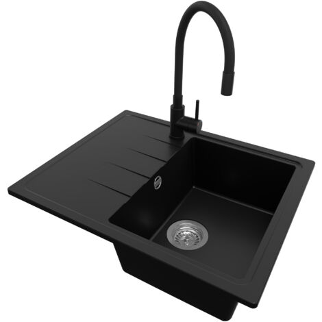 PRIMAGRAN Evier Cuisine en Granit 62x50cm, Lavabo 1 bac + Robinet 40x38cm + Kit de Vidage, Évier à Encastrer au meuble 40cm - Milan, Noir