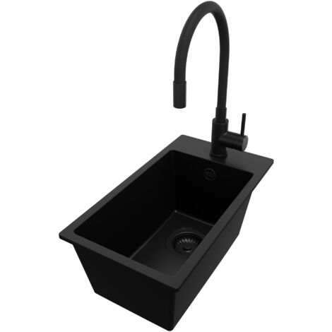 PRIMAGRAN Evier Cuisine en Granit 28x50cm, Lavabo 1 bac + Robinet 40x38cm + Kit de Vidage, Évier à Encastrer au meuble 30cm - Riga, Tout Noir