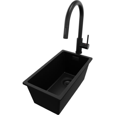 PRIMAGRAN Evier Sous Plan 26x47cm, Evier en Granit 1 bac + Robinet 40x20cm + Kit de Vidage, Évier au meuble 30cm - London, Tout Noir (1/5)