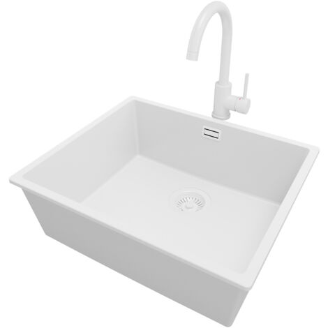 PRIMAGRAN Evier Cuisine en Granit 56x47cm, Lavabo 1 bac + Robinet 32x20cm + Kit de Vidage, Évier à Encastrer au meuble 60cm - London Slim, Tout Blanc (1/5)