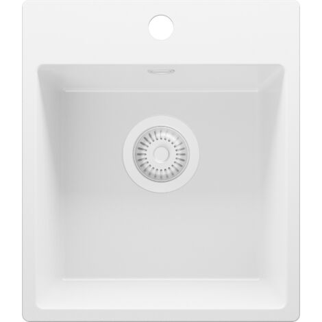 PRIMAGRAN Evier Cuisine en Granit 38x44cm, Lavabo 1 bac + Kit de Vidage, Évier à Encastrer au meuble 40cm - Riga Easy, Tout Blanc