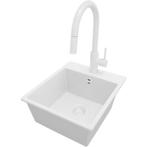 PRIMAGRAN Evier Cuisine en Granit 38x44cm, Lavabo 1 bac + Robinet 40x20cm + Kit de Vidage, Évier à Encastrer au meuble 40cm - Riga Easy, Tout Blanc