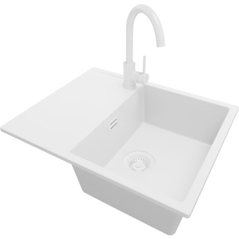 PRIMAGRAN Evier Cuisine en Granit 62x50cm, Lavabo 1 bac + Robinet 32x20cm + Kit de Vidage, Évier à Encastrer au meuble 45cm - Ibiza, Tout Blanc (1/5)