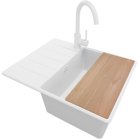 PRIMAGRAN Evier Cuisine en Granit 62x50cm, Lavabo 1 bac + Kit de Vidage + Accessoire, Évier à Encastrer au meuble 45cm - Copenhague, Tout Blanc (1/5)