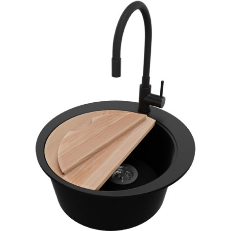 PRIMAGRAN Evier cuisine Granit Rond 50x50cm, Evier 1 bac + Robinet 40x38cm + Kit de Vidage + Planche à Découper, Lavabo Cuisine au meuble 45cm - Pise, Noir (1/5)
