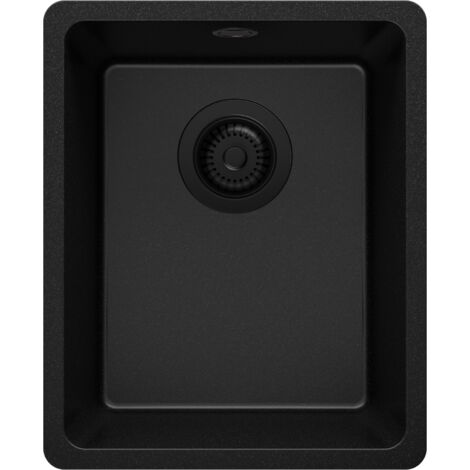 PRIMAGRAN Evier Sous Plan 36x44cm, Evier en Granit 1 bac + Kit de Vidage, Évier au meuble 40cm - Venise Easy, Tout Noir (1/5)
