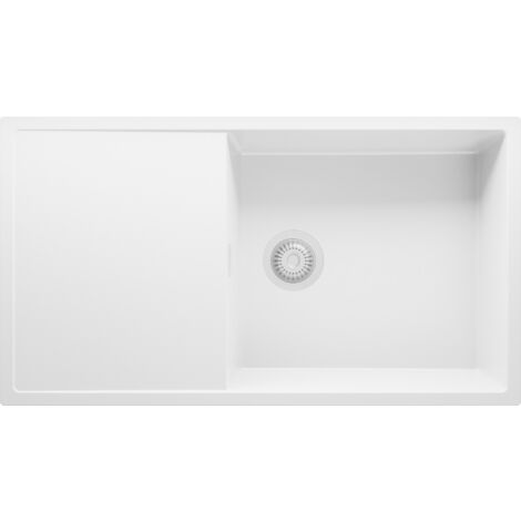 PRIMAGRAN Evier Cuisine en Granit 90x50cm, Lavabo 1 bac + Kit de Vidage, Évier à Encastrer au meuble 60cm - Ibiza, Tout Blanc