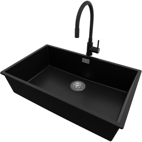 PRIMAGRAN Evier Cuisine en Granit 76x47cm, Lavabo 1 bac + Robinet 40x38cm + Kit de Vidage, Évier à Encastrer au meuble 80cm - London Slim, Noir (1/5)