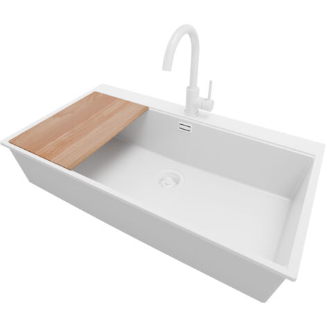PRIMAGRAN Evier Cuisine en Granit 88x50cm, Lavabo 1 bac + Robinet 32x20cm + Kit de Vidage + Accessoire, Évier à Encastrer au meuble 90cm - Oslo, Tout Blanc