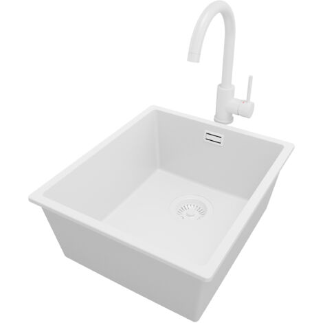 PRIMAGRAN Evier Cuisine en Granit 41x47cm, Lavabo 1 bac + Robinet 32x20cm + Kit de Vidage, Évier à Encastrer au meuble 45cm - London Slim, Tout Blanc (1/5)