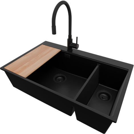 PRIMAGRAN Evier Cuisine en Granit 78x50cm, Lavabo 2 bacs + Robinet 40x38cm + Kit de Vidage + Accessoire, Évier à Encastrer au meuble 80cm - Oslo Duo, Tout Noir (1/5)
