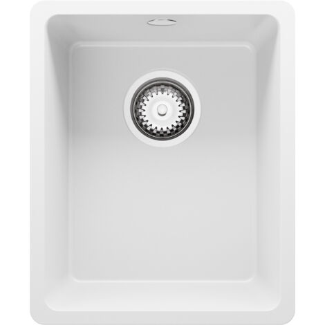 PRIMAGRAN Evier Cuisine en Granit 36x44cm, Lavabo 1 bac + Kit de Vidage, Évier à Encastrer au meuble 40cm - Venise Slim Easy, Blanc