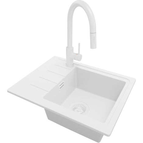 PRIMAGRAN Evier Cuisine en Granit 55x44cm, Lavabo 1 bac + Robinet 40x20cm + Kit de Vidage, Évier à Encastrer au meuble 45cm - Copenhague Easy, Tout Blanc