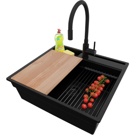 PRIMAGRAN Evier Cuisine en Granit 58x53cm, Lavabo 1 bac + Kit de Vidage + Accessoire, Évier à Encastrer au meuble 60cm - Oslo Pocket, Tout Noir (1/5)
