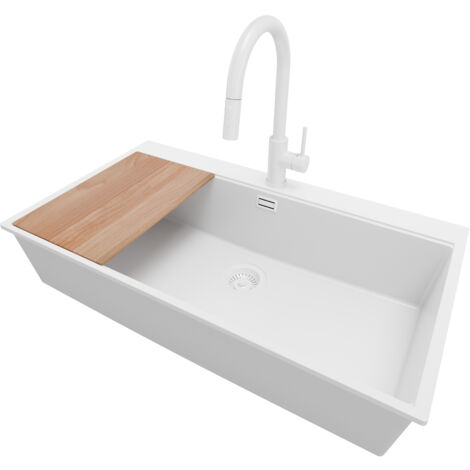 PRIMAGRAN Evier Cuisine en Granit 88x50cm, Lavabo 1 bac + Robinet 40x20cm + Kit de Vidage + Accessoire, Évier à Encastrer au meuble 90cm - Oslo, Tout Blanc