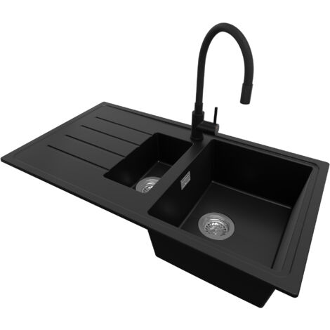 PRIMAGRAN Evier Cuisine en Granit 90x50cm, Lavabo 1,5 bacs + Robinet 40x38cm + Kit de Vidage, Évier à Encastrer au meuble 60cm - Copenhague Duo, Noir (1/5)