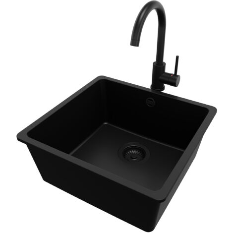 PRIMAGRAN Evier Sous Plan 46x44cm, Evier en Granit 1 bac + Robinet 32x20cm + Kit de Vidage, Évier au meuble 50cm - Venise Easy, Tout Noir (1/5)