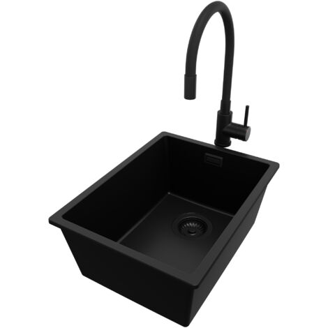 PRIMAGRAN Evier Cuisine en Granit 36x47cm, Lavabo 1 bac + Robinet 40x38cm + Kit de Vidage, Évier à Encastrer au meuble 40cm - London Slim, Tout Noir (1/5)