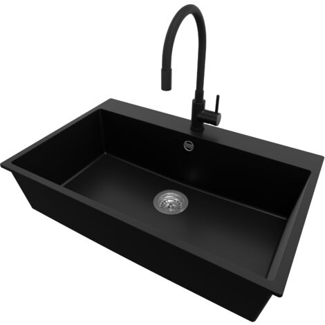 PRIMAGRAN Evier Cuisine en Granit 78x50cm, Lavabo 1 bac + Robinet 40x38cm + Kit de Vidage, Évier à Encastrer au meuble 80cm - Riga, Noir