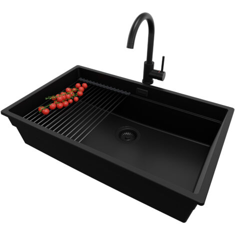 PRIMAGRAN Evier Sous Plan 76x47cm, Evier en Granit 1 bac + Robinet 32x20cm + Kit de Vidage + Égouttoir Enroulable, Évier au meuble 80cm - Prague, Tout Noir (1/5)