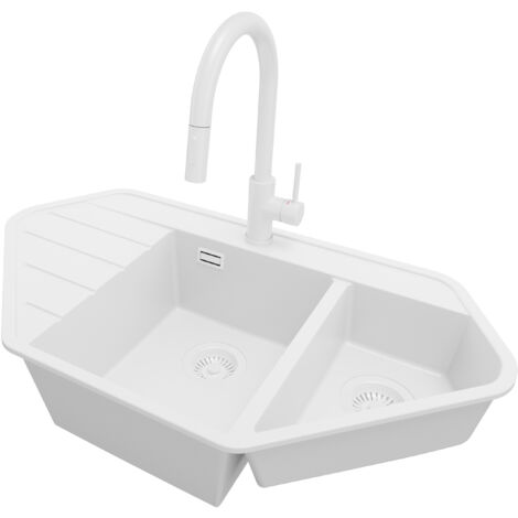 PRIMAGRAN Evier d'angle en Granit 90x50cm, Lavabo Cuisine 1,5 bacs + Kit de Vidage + Accessoire, Évier à Encastrer au meuble 80cm, Tout Blanc