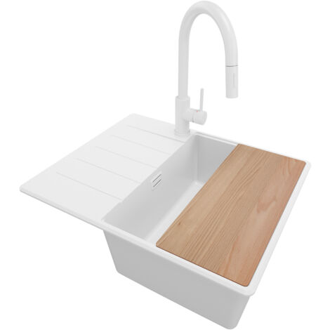 PRIMAGRAN Evier Cuisine en Granit 62x50cm, Lavabo 1 bac + Kit de Vidage + Accessoire, Évier à Encastrer au meuble 45cm - Copenhague, Tout Blanc (1/5)