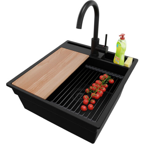 PRIMAGRAN Evier Cuisine en Granit 48x53cm, Lavabo 1 bac + Kit de Vidage + Accessoire, Évier à Encastrer au meuble 50cm - Oslo Pocket, Tout Noir (1/5)