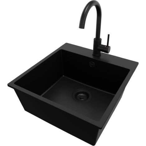 PRIMAGRAN Evier Cuisine en Granit 48x50cm, Lavabo 1 bac + Robinet 32x20cm + Kit de Vidage, Évier à Encastrer au meuble 50cm - Riga, Tout Noir (1/5)