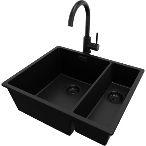 PRIMAGRAN Evier Sous Plan 56x47cm, Evier en Granit 1,5 bacs + Robinet 32x20cm + Kit de Vidage, Évier au meuble 60cm - London Duo, Tout Noir