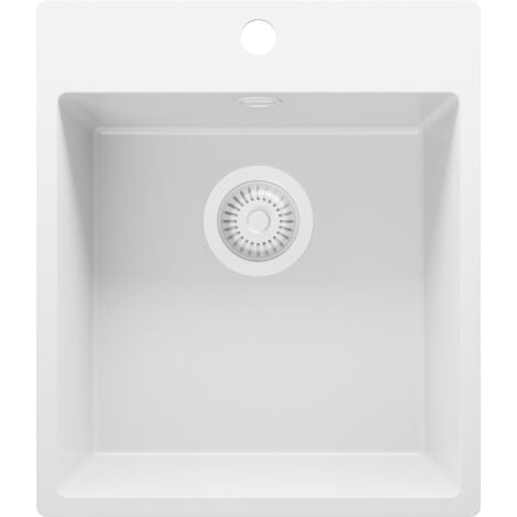PRIMAGRAN Evier Cuisine en Granit 43x50cm, Lavabo 1 bac + Kit de Vidage, Évier à Encastrer au meuble 45cm - Riga, Tout Blanc