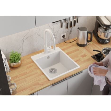 PRIMAGRAN Evier Cuisine en Granit 43x50cm, Lavabo 1 bac + Kit de Vidage, Évier à Encastrer au meuble 45cm - Riga, Tout Blanc